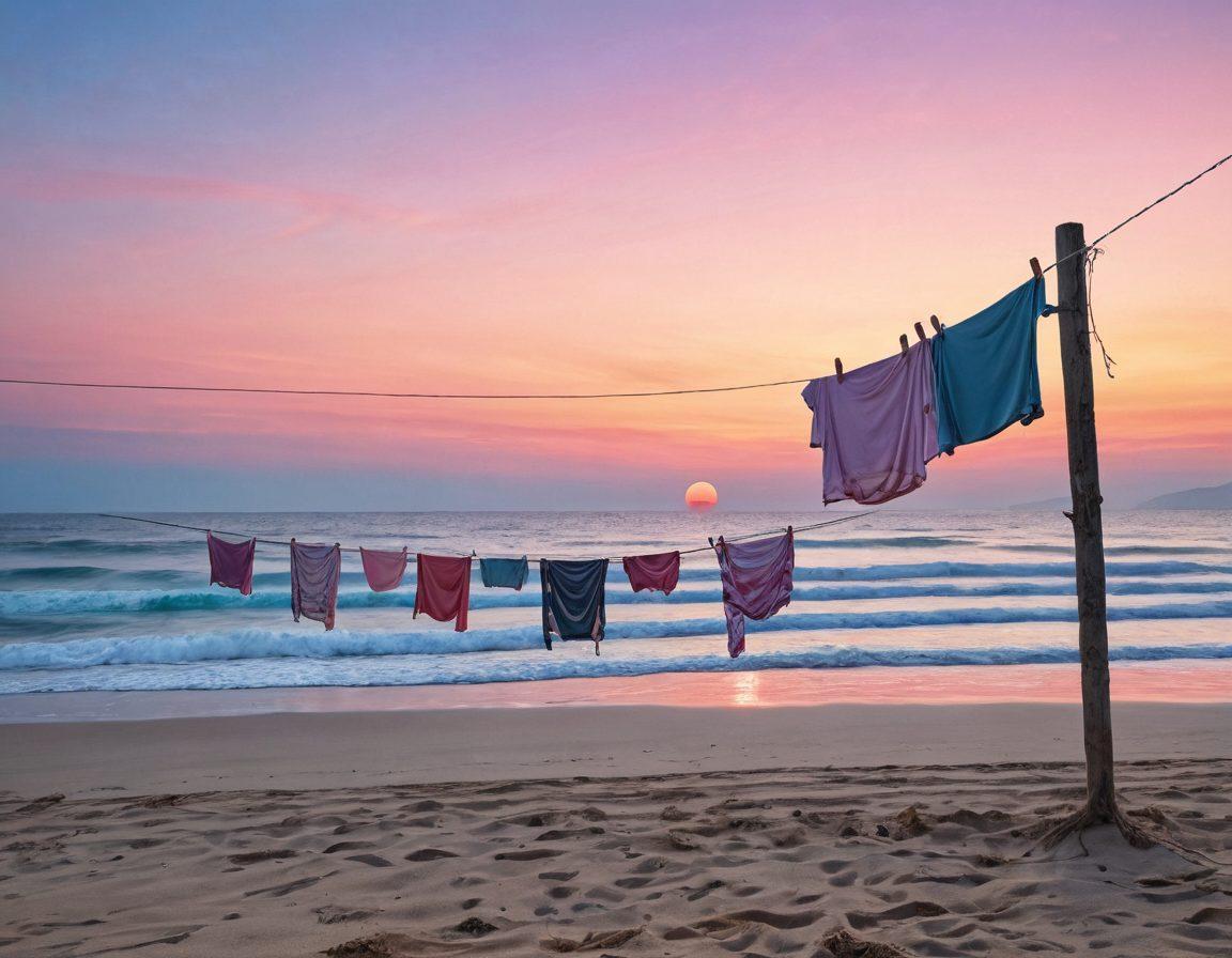 A melancholic beach scene at sunset, featuring lonely bikinis hanging on a clothesline with soft waves lapping at the shore. Shades of blue and pink create a dreamy backdrop, with a solitary figure gazing into the distance, wearing oversized sunglasses that reflect the fading sun. The sand is speckled with seashells and the sky is painted in pastel tones, conveying a sense of longing. surrealistic. soft gradients. warm hues.